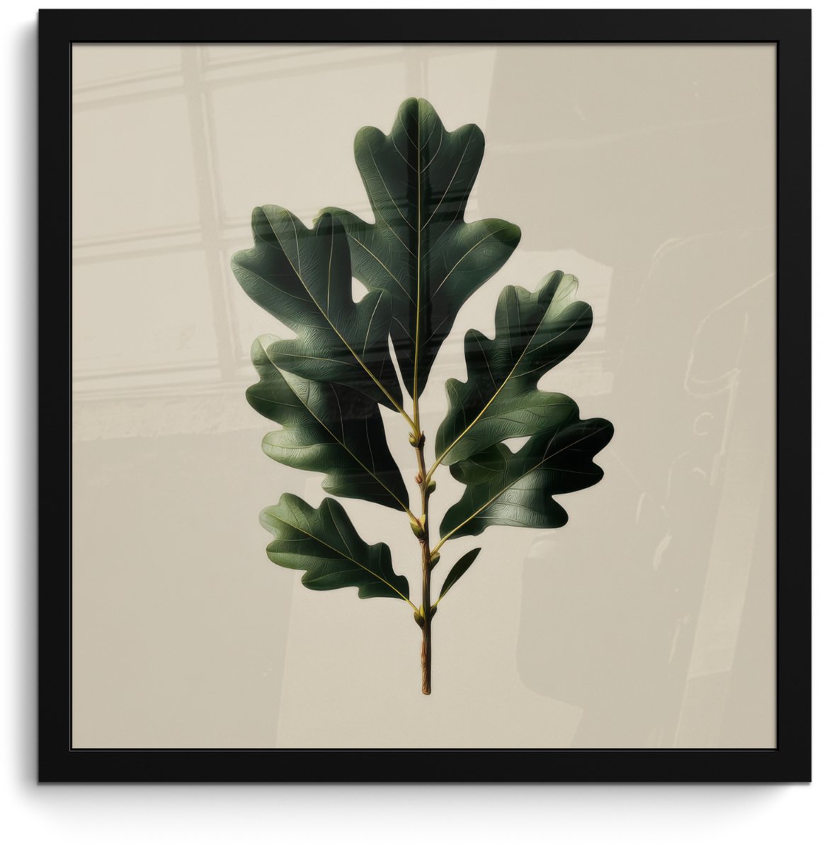 FrameYourWall Poster in lijst - Fotolijst 40x40 cm - Posters - Eikenbladeren - Beige - Groen - Golvende randen - Posterlijst zwart - Decoratie - Wanddecoratie woonkamer - Muurdecoratie slaapkamer