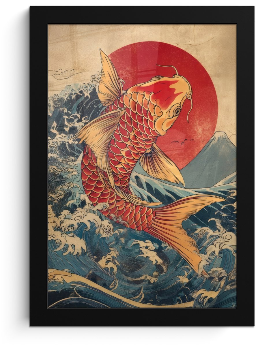 FrameYourWall Poster in lijst - Fotolijst 20x30 cm - Posters - Koi - Zee - Golven - Zon - Posterlijst zwart - Decoratie - Wanddecoratie woonkamer - Muurdecoratie slaapkamer