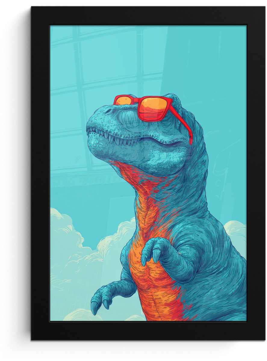 FrameYourWall Poster in lijst - Fotolijst 20x30 cm - Posters - T-Rex - Blauw - Wolken - Zonnebril - Posterlijst zwart - Decoratie - Wanddecoratie woonkamer - Muurdecoratie slaapkamer Dinosaurus - Wolken - Zonnebril