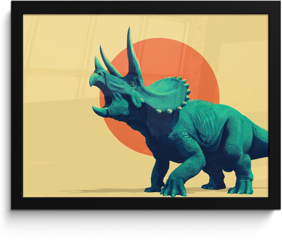 FrameYourWall Poster in lijst - Fotolijst 40x30 cm - Posters - Triceratops - Cirkel - Oranje - Hoorns - Posterlijst zwart - Decoratie - Wanddecoratie woonkamer - Muurdecoratie slaapkamer