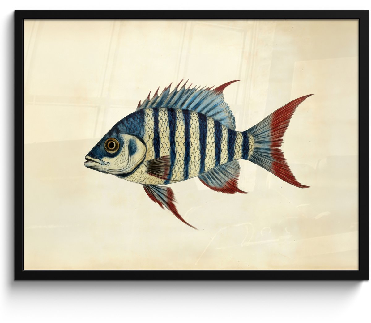 FrameYourWall Poster in lijst - Fotolijst 80x60 cm - Posters - Gestreept - Donkerblauw - Rugvin - Vis - Posterlijst zwart - Decoratie - Wanddecoratie woonkamer - Muurdecoratie slaapkamer Vis - Rugvin