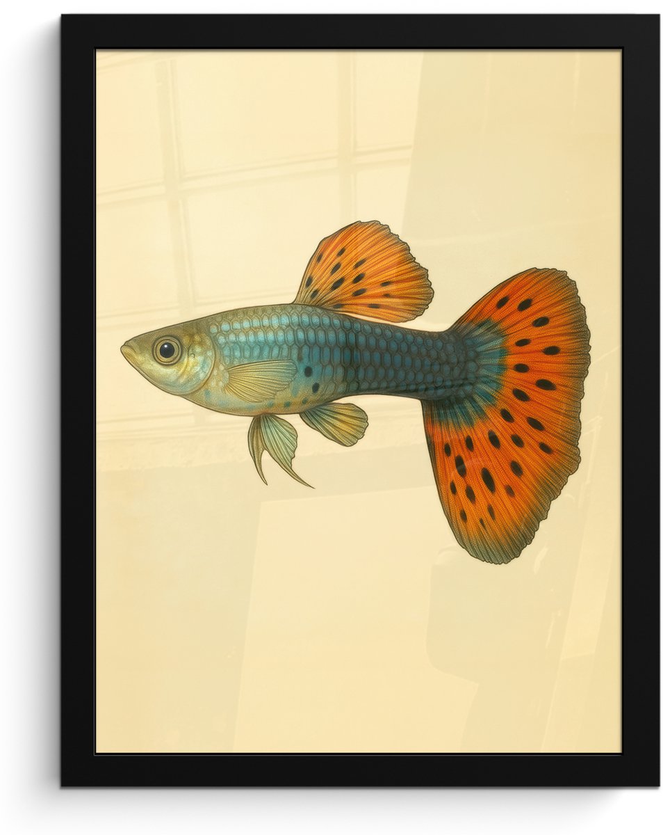 FrameYourWall Poster in lijst - Fotolijst 30x40 cm - Posters - Vis - illustratie - Stippen - Oranje - Posterlijst zwart - Decoratie - Wanddecoratie woonkamer - Muurdecoratie slaapkamer