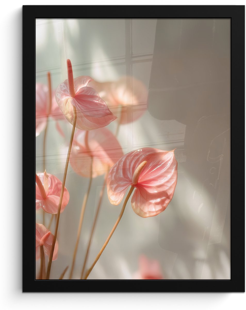 FrameYourWall Poster in lijst - Fotolijst 30x40 cm - Posters - Bloemen - Stelen - Roze - Schaduw - Posterlijst zwart - Decoratie - Wanddecoratie woonkamer - Muurdecoratie slaapkamer