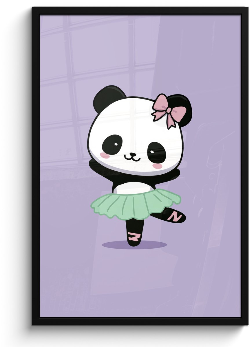 FrameYourWall Poster in lijst - Fotolijst 60x90 cm - Posters - Panda - Paars - Sierlijk - Kawaii - Posterlijst zwart - Decoratie - Wanddecoratie woonkamer - Muurdecoratie slaapkamer