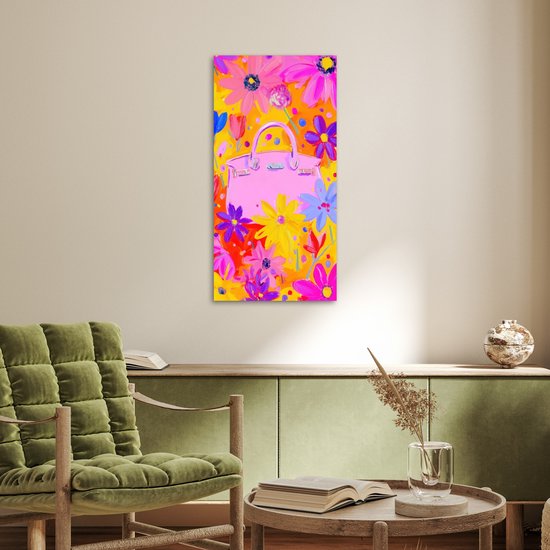 Poster 40x80 cm - Tas - Roze - Bloemen - Posters - Kamer decoratie - Wanddecoratie woonkamer - Muurdecoratie slaapkamer