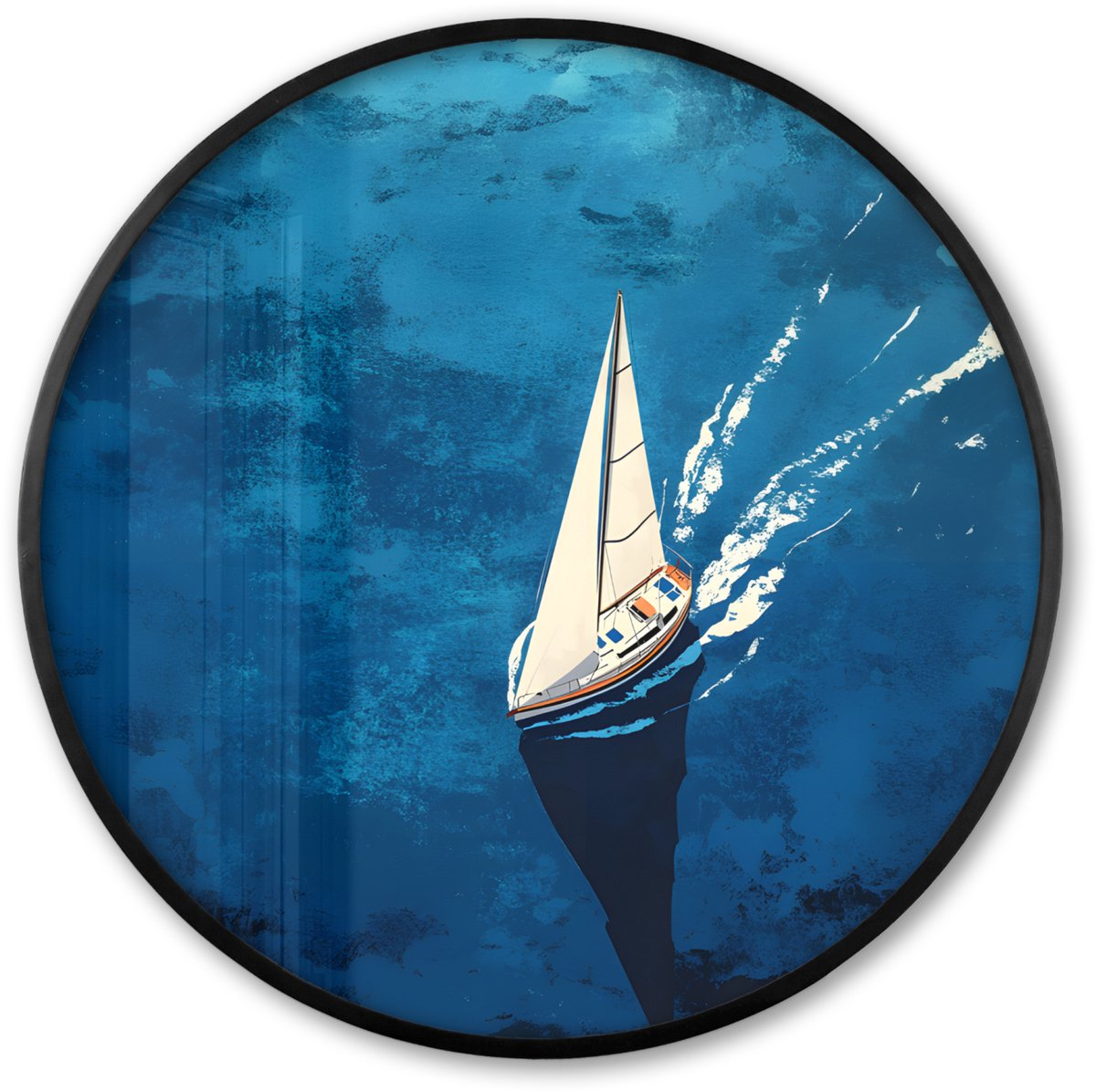 FrameYourWall Poster in lijst Rond - Fotolijst 80x80 cm - Posters - Zeilboot - Water - Abstract - Schaduw - Ronde posterlijst zwart - Decoratie - Wanddecoratie woonkamer - Muurdecoratie slaapkamer