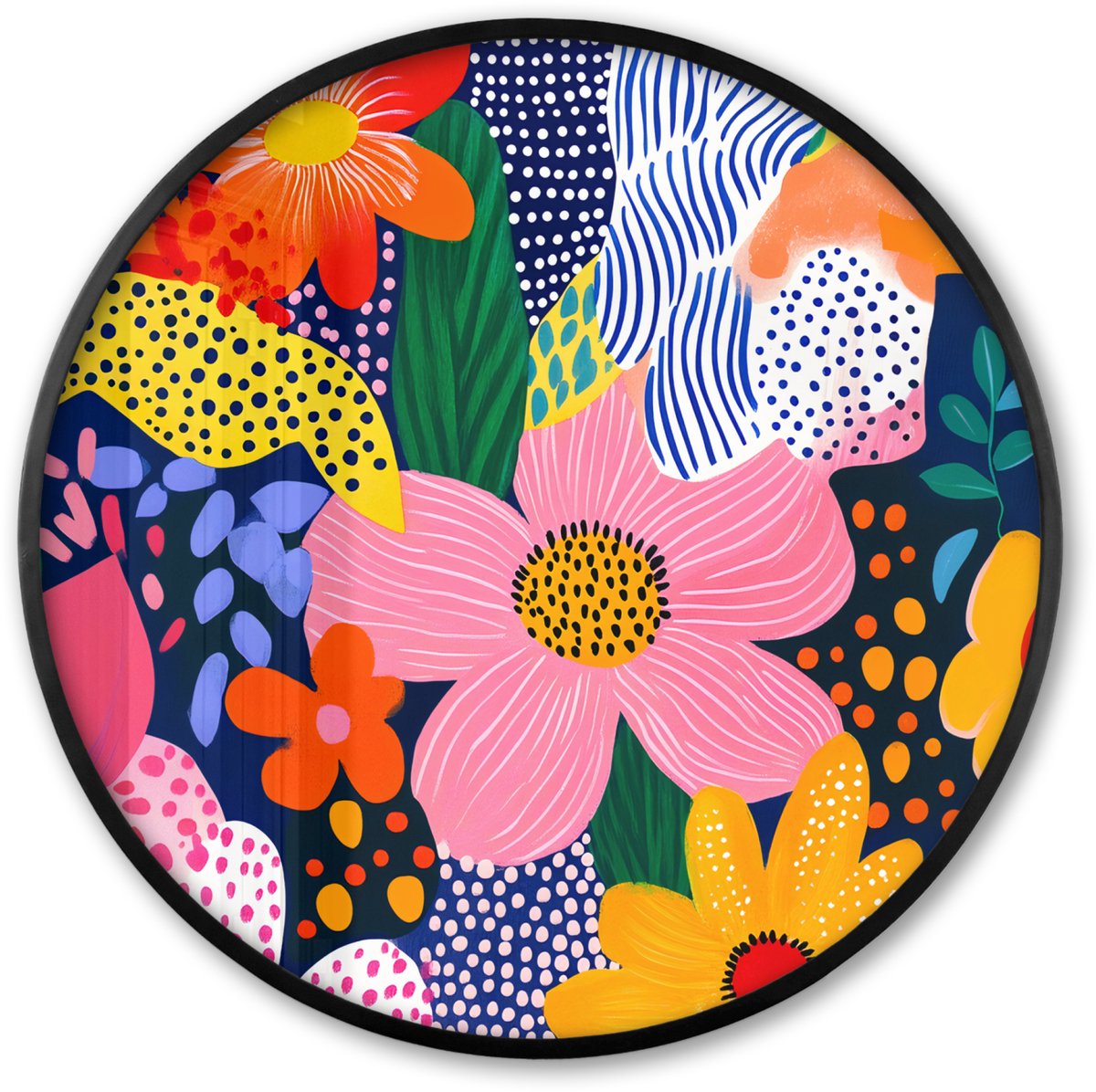 FrameYourWall Poster in lijst Rond - Fotolijst 80x80 cm - Posters - Kleurrijk - Bloemen - Abstract - Stippen - Ronde posterlijst zwart - Decoratie - Wanddecoratie woonkamer - Muurdecoratie slaapkamer Schilderij - Abstract - Bloemen