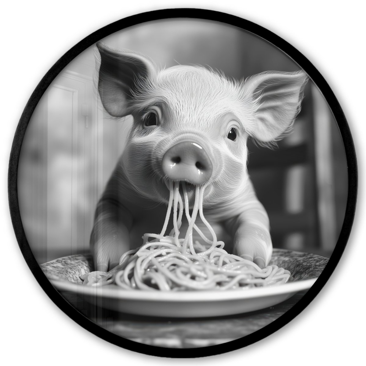 FrameYourWall Poster in lijst Rond - Fotolijst 40x40 cm - Posters - Varken - Schattig - Spaghetti - Zwart wit - Dier - Ronde posterlijst zwart - Decoratie - Wanddecoratie woonkamer - Muurdecoratie slaapkamer