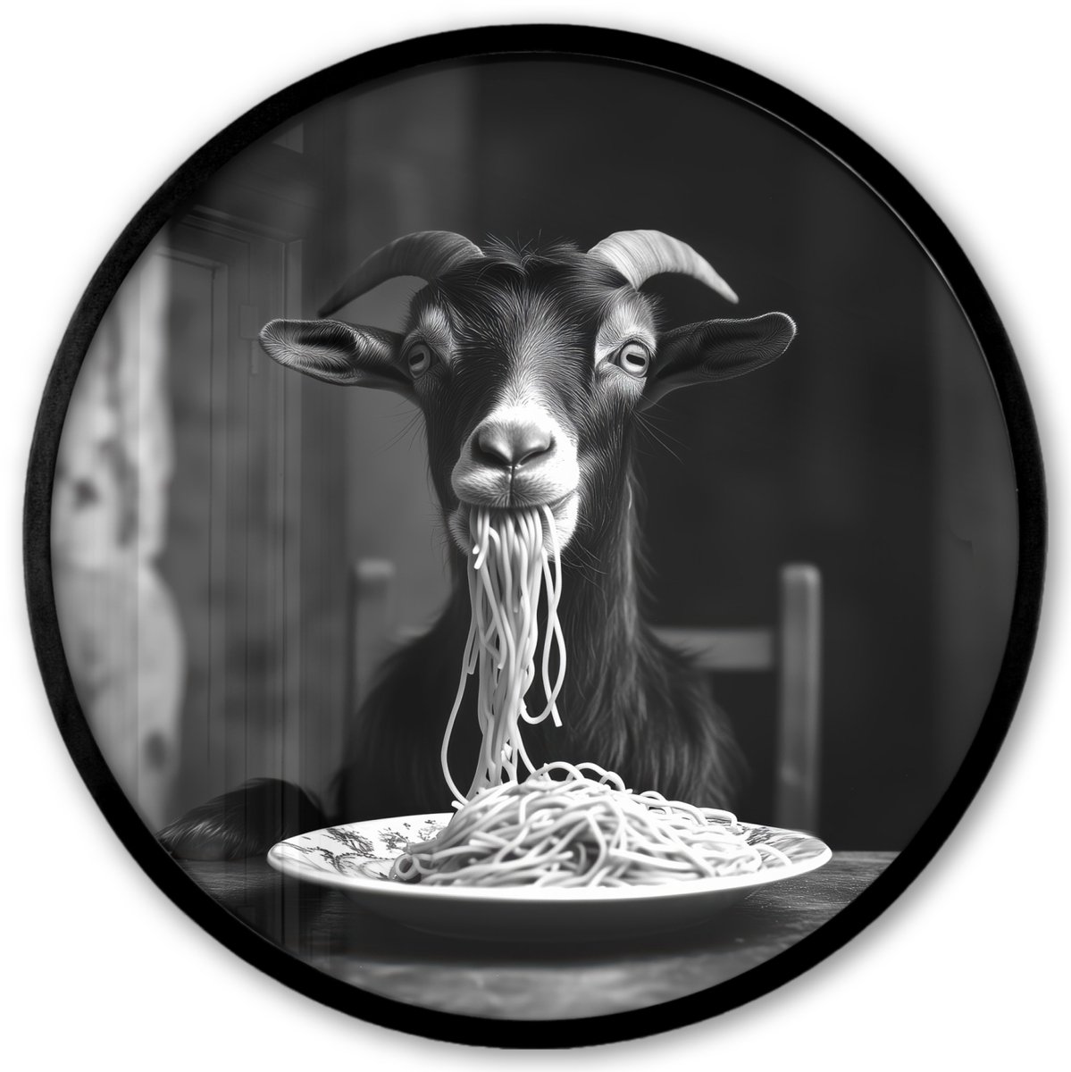 FrameYourWall Poster in lijst Rond - Fotolijst 40x40 cm - Posters - Geit - Bord - Spaghetti - Zwart Wit - Ronde posterlijst zwart - Decoratie - Wanddecoratie woonkamer - Muurdecoratie slaapkamer