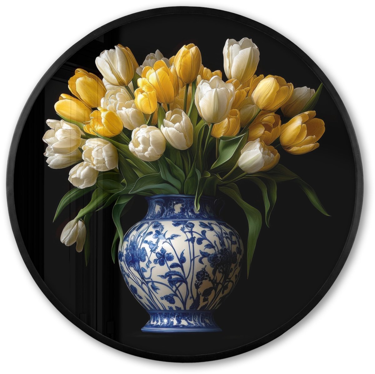 FrameYourWall Poster in lijst Rond - Fotolijst 80x80 cm - Posters - Geel - Tulpen - Vaas - Bloemen - Ronde posterlijst zwart - Decoratie - Wanddecoratie woonkamer - Muurdecoratie slaapkamer Tulpen - Geel