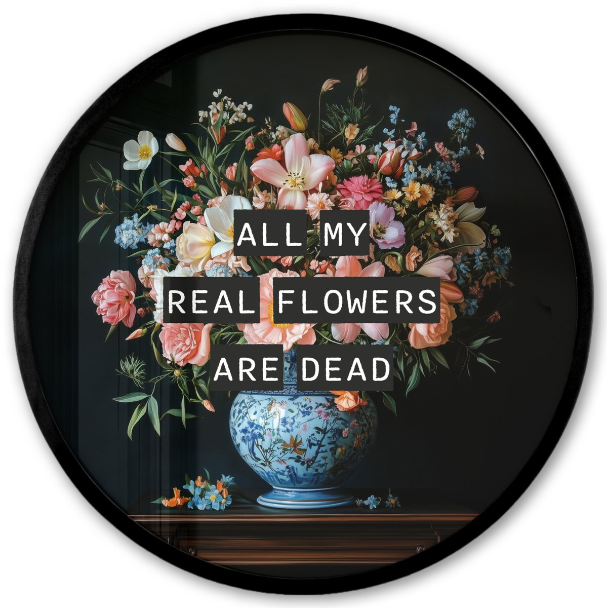 FrameYourWall Poster in lijst Rond - Fotolijst 40x40 cm - Posters - Bloemen - Art - Pastel - Quotes - Ronde posterlijst zwart - Decoratie - Wanddecoratie woonkamer - Muurdecoratie slaapkamer Bloemen - Vaas - Quote