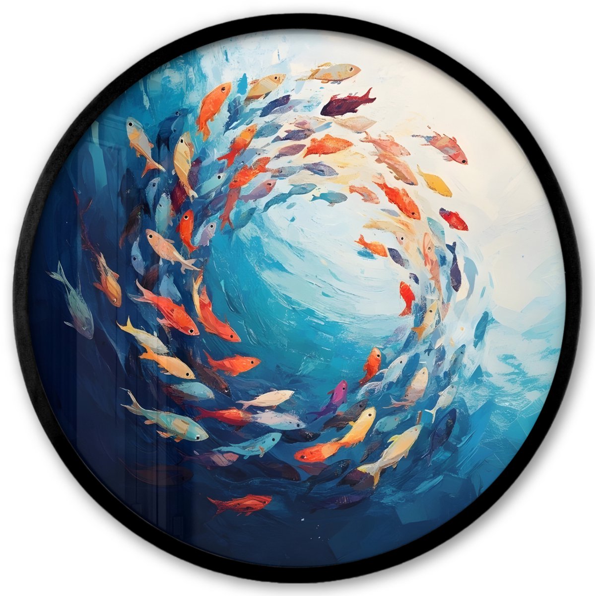 FrameYourWall Poster in lijst Rond - Fotolijst 40x40 cm - Posters - Zee - Vissen - Kleurrijk - Dynamisch - Ronde posterlijst zwart - Decoratie - Wanddecoratie woonkamer - Muurdecoratie slaapkamer