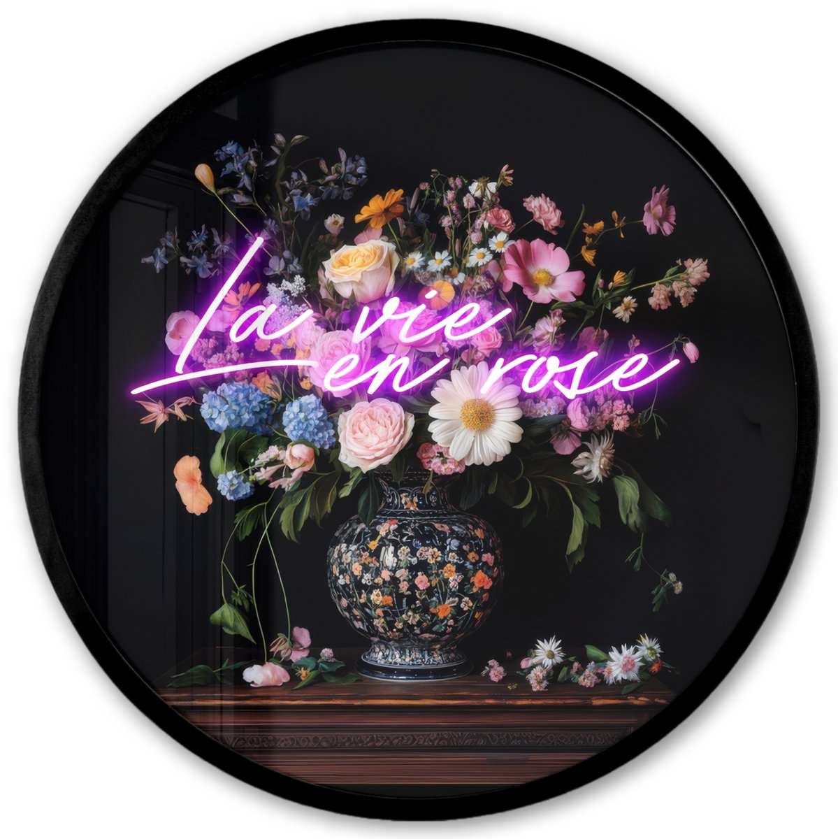 FrameYourWall Poster in lijst Rond - Fotolijst 40x40 cm - Posters - Neon - Vaas - Bloemen - Ronde posterlijst zwart - Decoratie - Wanddecoratie woonkamer - Muurdecoratie slaapkamer Multicolor