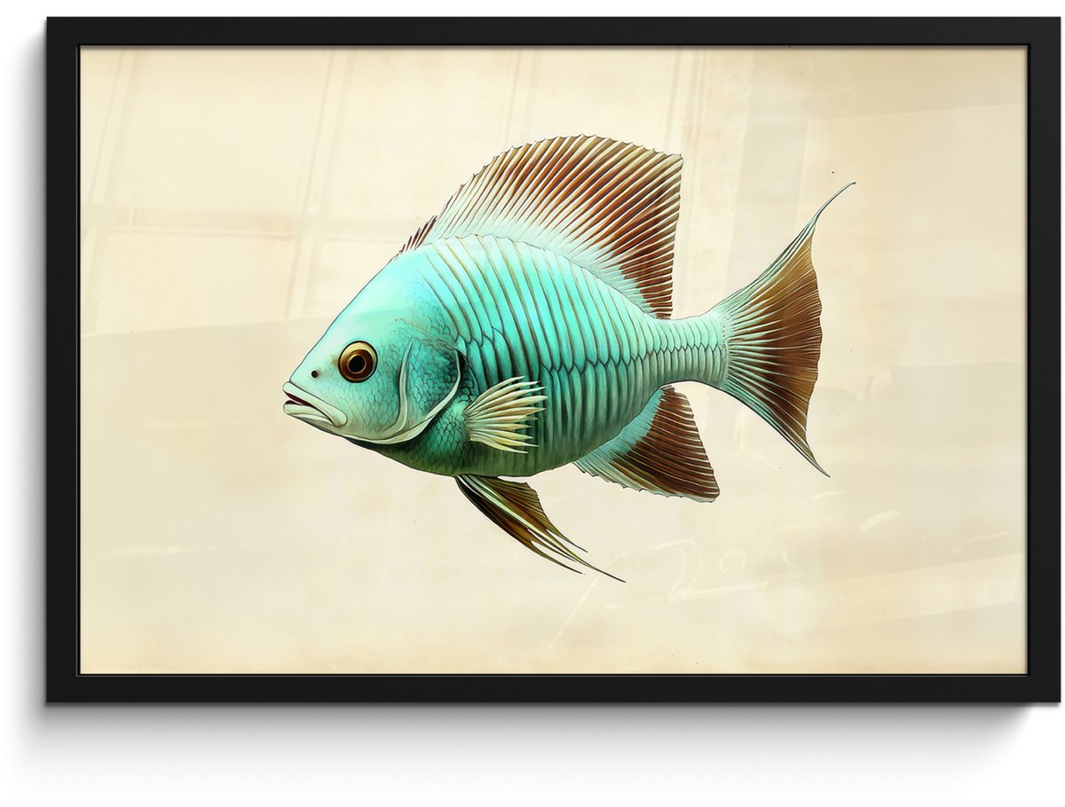 FrameYourWall Poster in lijst - Fotolijst 60x40 cm - Posters - Schubben - Vis - Mint - Minimalistisch - Posterlijst zwart - Decoratie - Wanddecoratie woonkamer - Muurdecoratie slaapkamer Vis - Schubben