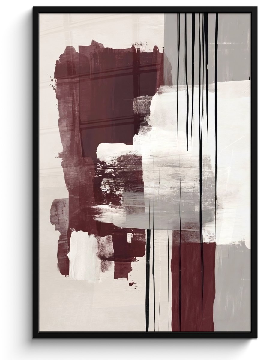 FrameYourWall Poster in lijst - Fotolijst 80x120 cm - Posters - Penseelstreken - Abstract - Lijnen - Rood - Posterlijst zwart - Decoratie - Wanddecoratie woonkamer - Muurdecoratie slaapkamer