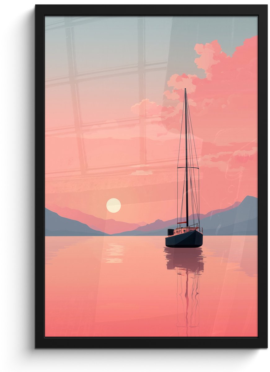 FrameYourWall Poster in lijst - Fotolijst 40x60 cm - Posters - Zeilboot - Roze zee - Zonsondergang - Bergen - Posterlijst zwart - Decoratie - Wanddecoratie woonkamer - Muurdecoratie slaapkamer Zeilboot - Zee - Bergen
