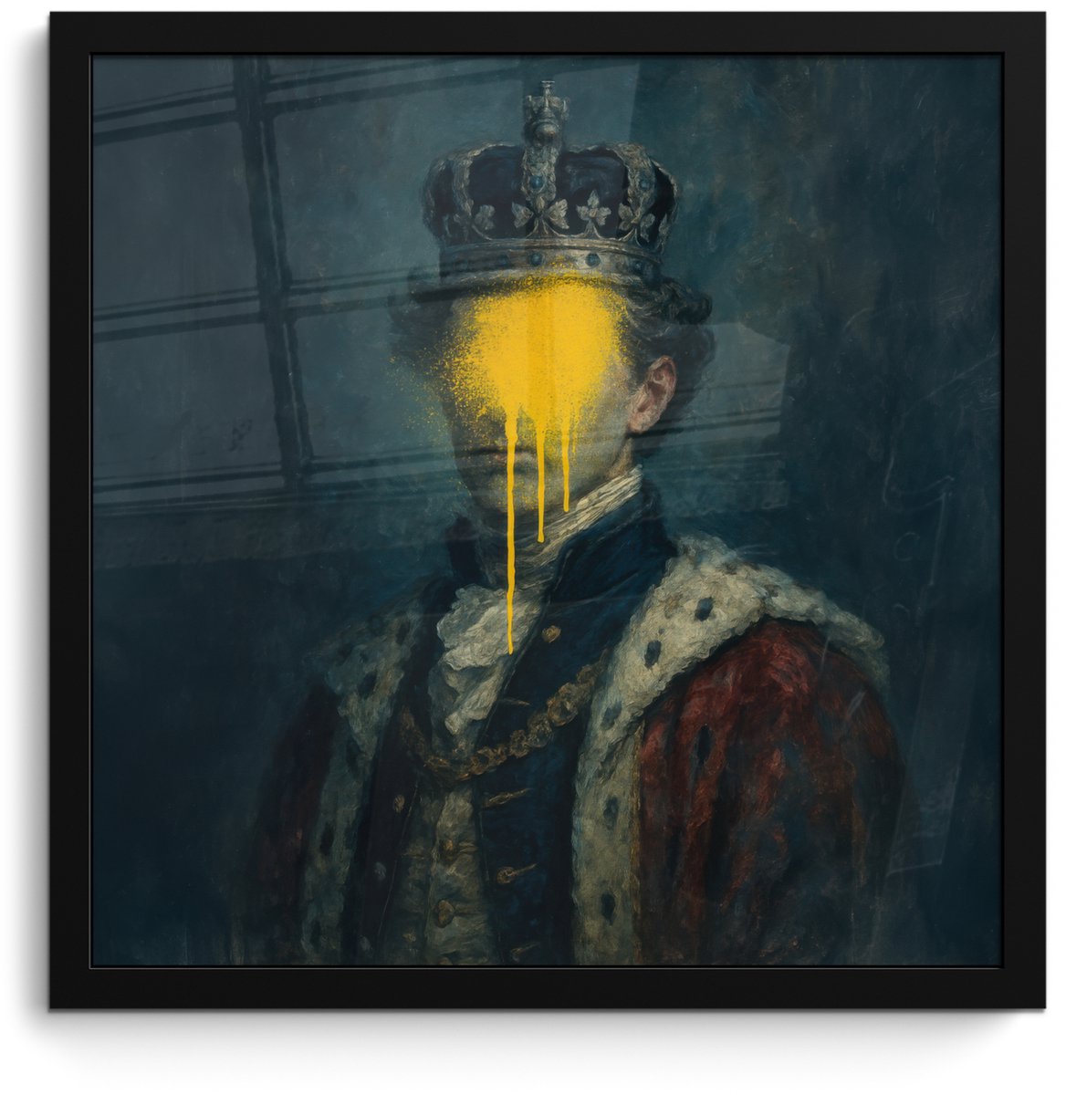 FrameYourWall Poster in lijst - Fotolijst 40x40 cm - Posters - Koning - Portret - Druipende gele verf - Posterlijst zwart - Decoratie - Wanddecoratie woonkamer - Muurdecoratie slaapkamer Koning - Portret - Verf