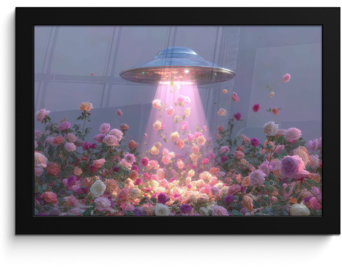 FrameYourWall Poster in lijst - Fotolijst 30x20 cm - Posters - Ufo - Rozen - Pastelkleuren - Posterlijst zwart - Decoratie - Wanddecoratie woonkamer - Muurdecoratie slaapkamer