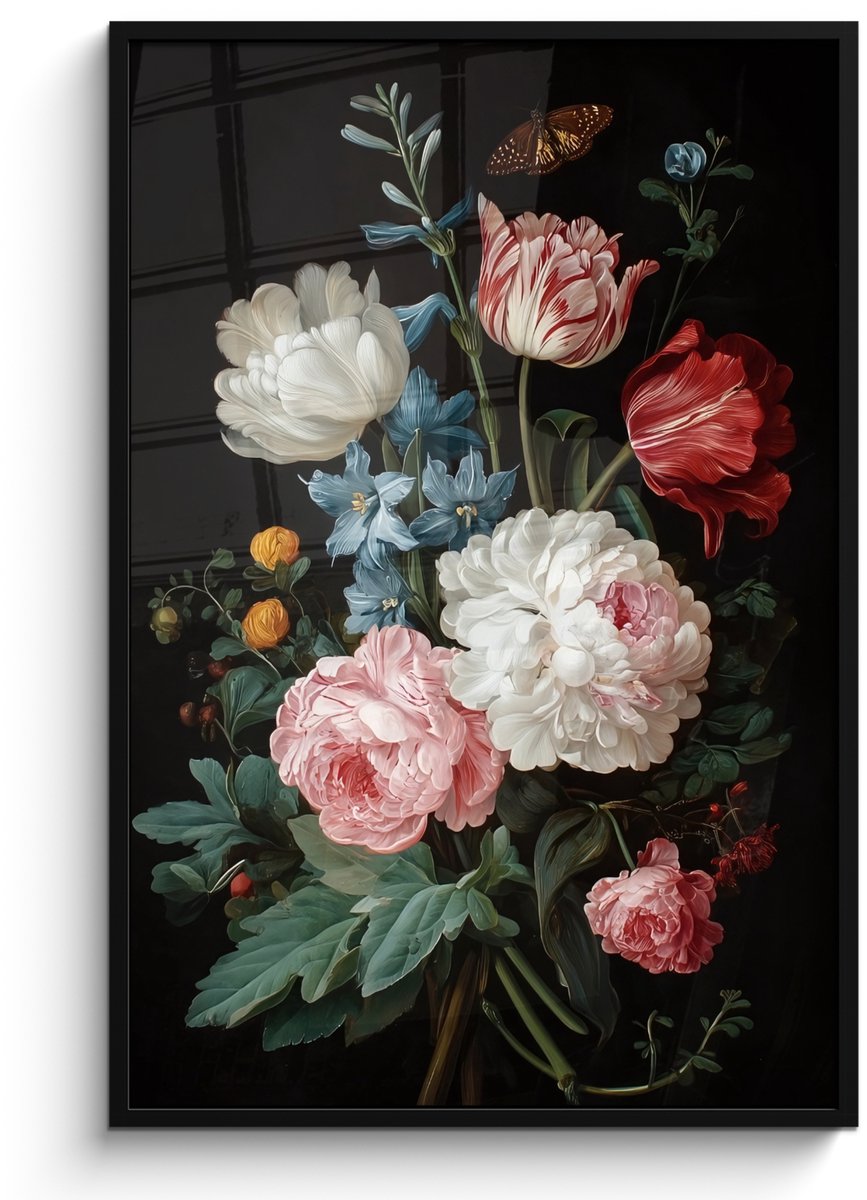 FrameYourWall Poster in lijst - Fotolijst 80x120 cm - Posters - Boeket - Kleurrijk - Klassiek - Posterlijst zwart - Decoratie - Wanddecoratie woonkamer - Muurdecoratie slaapkamer