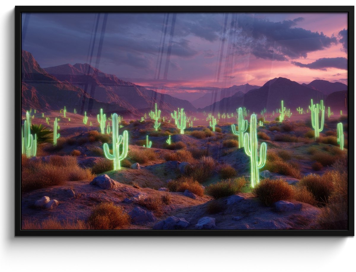 FrameYourWall Poster in lijst - Fotolijst 120x80 cm - Posters - Neon cactussen - Woestijn - Zonsondergang - Posterlijst zwart - Decoratie - Wanddecoratie woonkamer - Muurdecoratie slaapkamer Neon - cactus - Woestijn