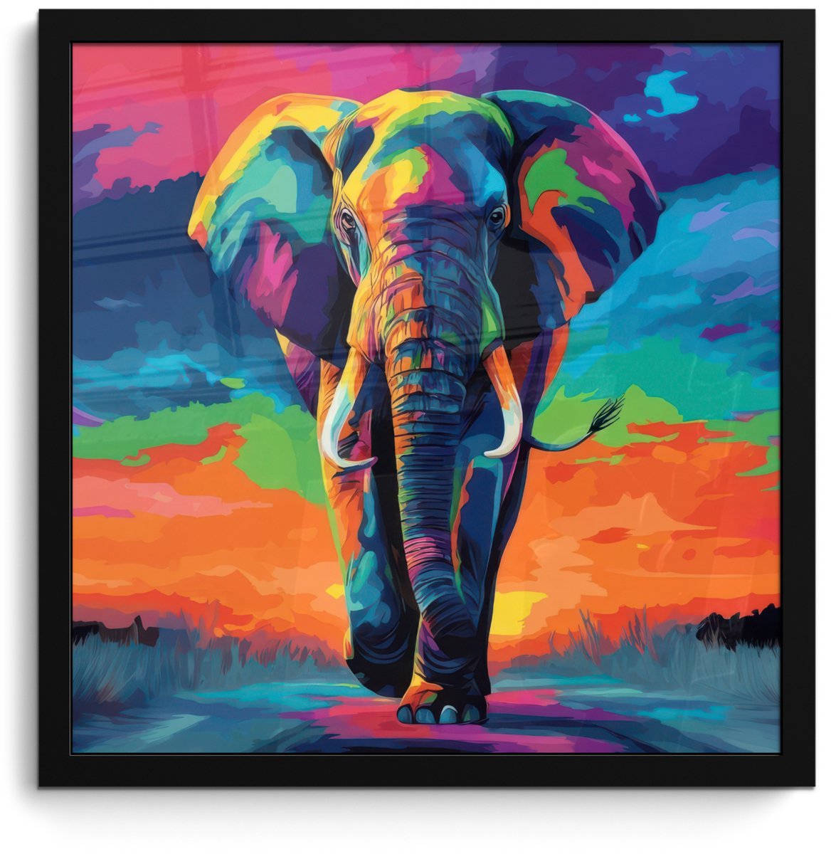 FrameYourWall Poster in lijst - Fotolijst 40x40 cm - Posters - Olifant - Kleurrijk - Lucht - Abstract - Posterlijst zwart - Decoratie - Wanddecoratie woonkamer - Muurdecoratie slaapkamer