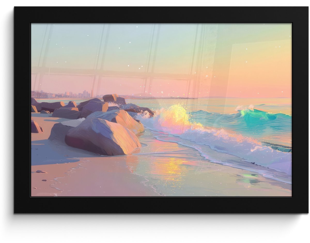 FrameYourWall Poster in lijst - Fotolijst 30x20 cm - Posters - Zomerlicht - Strand - Fonkelende accenten - Posterlijst zwart - Decoratie - Wanddecoratie woonkamer - Muurdecoratie slaapkamer Strand - Zee - Stad