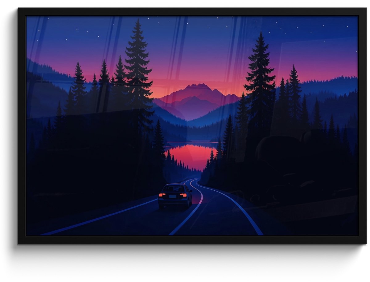 FrameYourWall Poster in lijst - Fotolijst 90x60 cm - Posters - Auto - Donkere dennenbomen - Zonsondergang - Posterlijst zwart - Decoratie - Wanddecoratie woonkamer - Muurdecoratie slaapkamer Auto - Dennenbomen - Zonsondergang