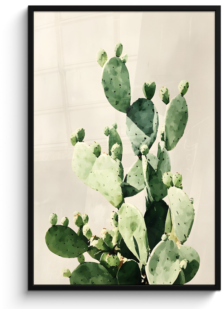 FrameYourWall Poster in lijst - Fotolijst 80x120 cm - Posters - Cactus - Groen - Minimalistisch - Posterlijst zwart - Decoratie - Wanddecoratie woonkamer - Muurdecoratie slaapkamer