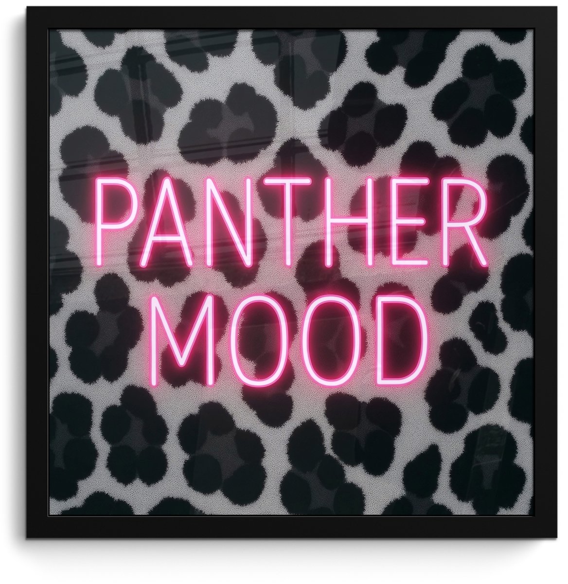 FrameYourWall Poster in lijst - Fotolijst 40x40 cm - Posters - Panterprint - Zwart - Neonletters - Roze - Posterlijst zwart - Decoratie - Wanddecoratie woonkamer - Muurdecoratie slaapkamer Panterprint - Tekst