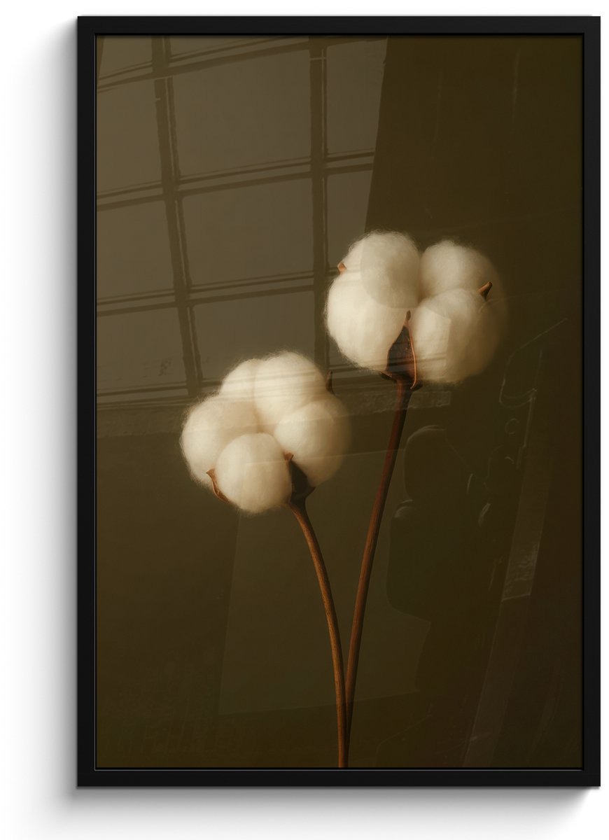 FrameYourWall Poster in lijst - Fotolijst 60x90 cm - Posters - Takken - Katoen - Wit - Bollen - Posterlijst zwart - Decoratie - Wanddecoratie woonkamer - Muurdecoratie slaapkamer