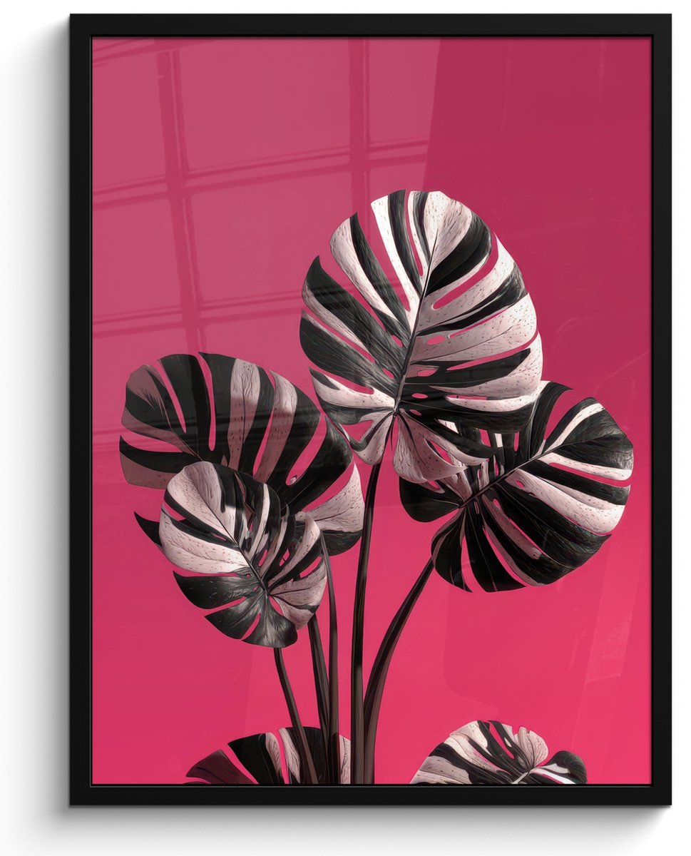 FrameYourWall Poster in lijst - Fotolijst 60x80 cm - Posters - Bladeren - Rond - Roze - Posterlijst zwart - Decoratie - Wanddecoratie woonkamer - Muurdecoratie slaapkamer