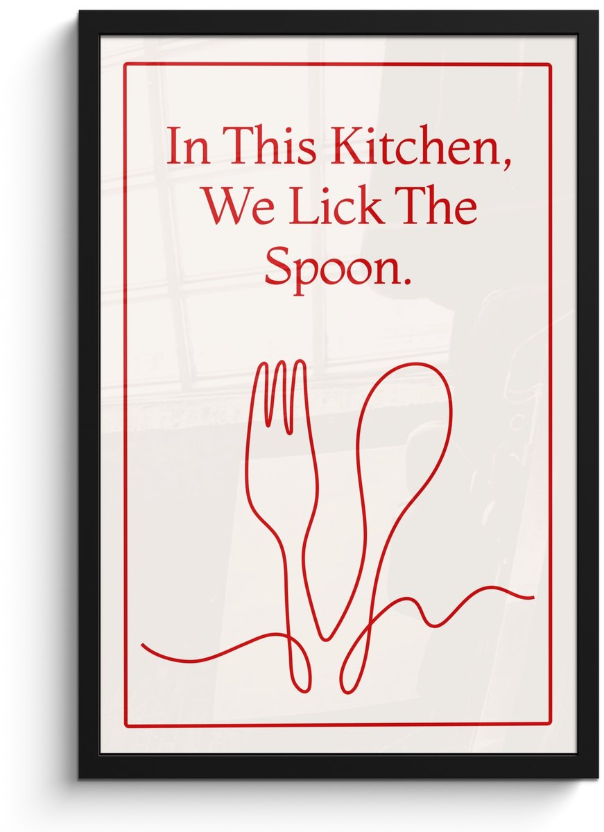 FrameYourWall Poster in lijst - Fotolijst 40x60 cm - Posters - Minimalistisch - Vork - Lepel - Lijntekening - Posterlijst zwart - Decoratie - Wanddecoratie woonkamer - Muurdecoratie slaapkamer Vork - Lepel - Quote