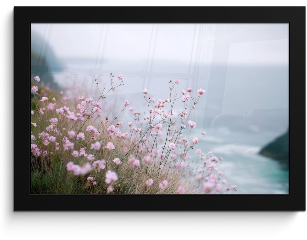 FrameYourWall Poster in lijst - Fotolijst 30x20 cm - Posters - Klif - Bloemen - Zee - Roze - Posterlijst zwart - Decoratie - Wanddecoratie woonkamer - Muurdecoratie slaapkamer