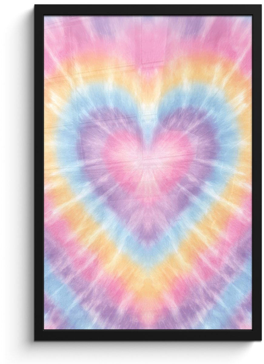 FrameYourWall Poster in lijst - Fotolijst 40x60 cm - Posters - Hartvorm - Pastelkleuren - Tie Dye - Posterlijst zwart - Decoratie - Wanddecoratie woonkamer - Muurdecoratie slaapkamer Multicolor