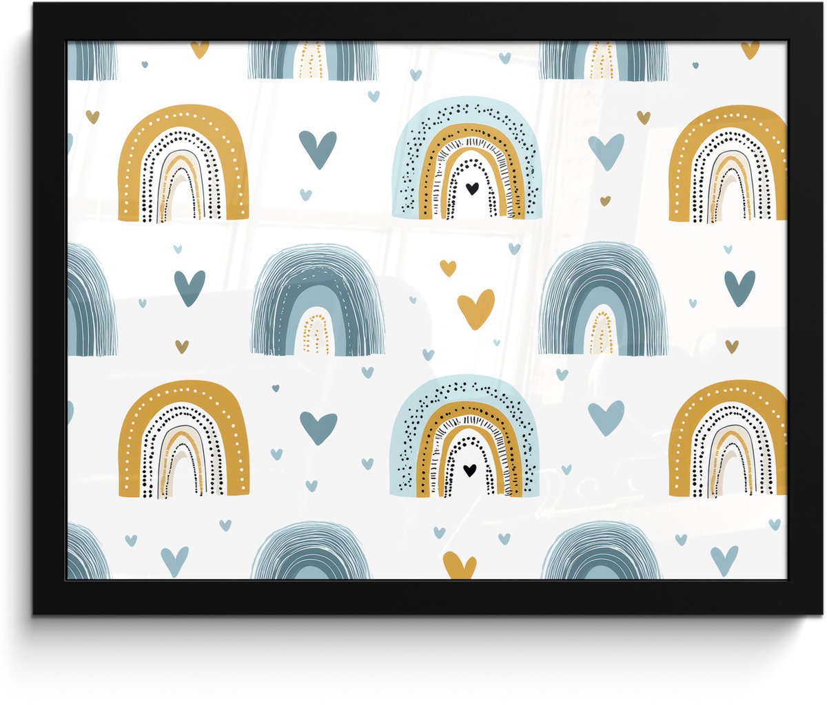 FrameYourWall Poster in lijst - Fotolijst 40x30 cm - Posters - Patroon - Regenboog - Hartjes - Posterlijst zwart - Decoratie - Wanddecoratie woonkamer - Muurdecoratie slaapkamer Multicolor