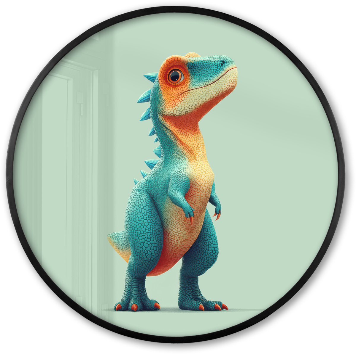 FrameYourWall Poster in lijst Rond - Fotolijst 80x80 cm - Posters - Cartoon - Dino - Oranje - Stekels - Ronde posterlijst zwart - Decoratie - Wanddecoratie woonkamer - Muurdecoratie slaapkamer