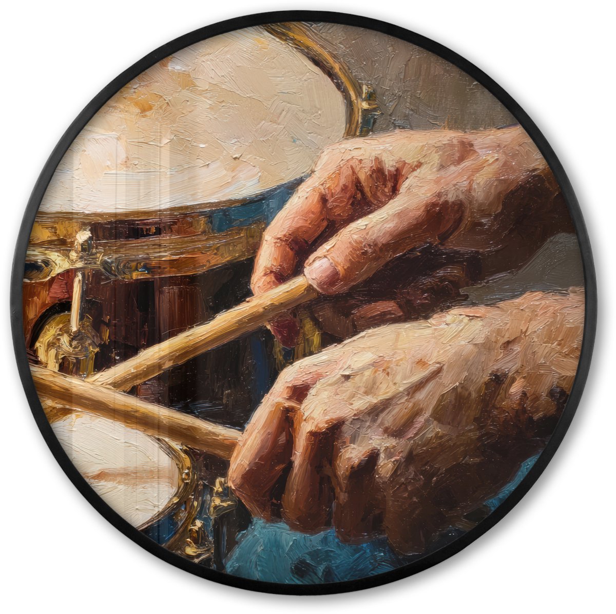 FrameYourWall Poster in lijst Rond - Fotolijst 80x80 cm - Posters - Drumstokken - Olieverf - Man - Ronde posterlijst zwart - Decoratie - Wanddecoratie woonkamer - Muurdecoratie slaapkamer