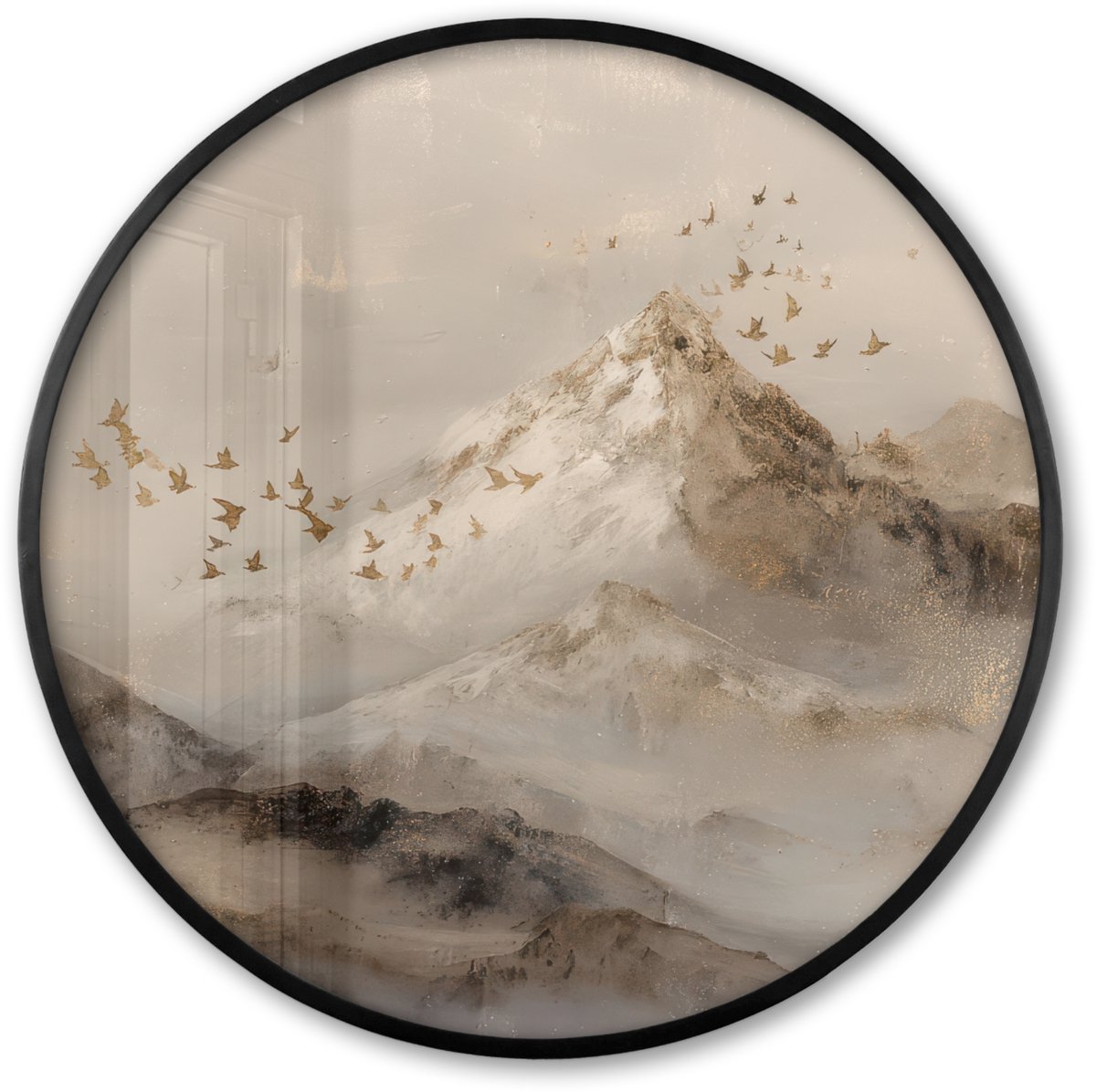 FrameYourWall Poster in lijst Rond - Fotolijst 80x80 cm - Posters - Berglandschap - Mist - Penseelstreken - Ronde posterlijst zwart - Decoratie - Wanddecoratie woonkamer - Muurdecoratie slaapkamer