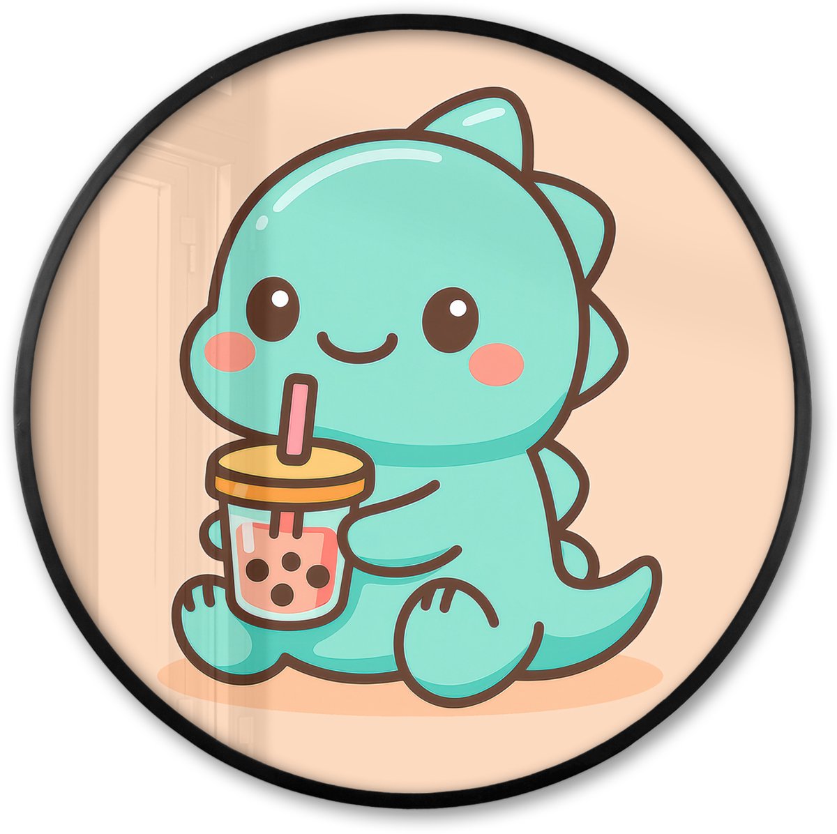 FrameYourWall Poster in lijst Rond - Fotolijst 60x60 cm - Posters - Dino - Boba - kawaii - Oranje - Ronde posterlijst zwart - Decoratie - Wanddecoratie woonkamer - Muurdecoratie slaapkamer