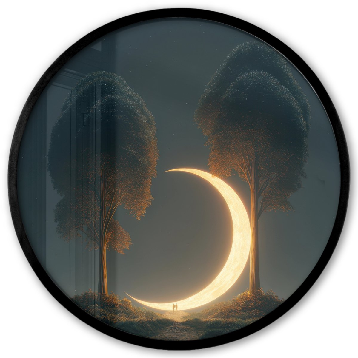 FrameYourWall Poster in lijst Rond - Fotolijst 40x40 cm - Posters - Maan - Bomen - Wandeling - Ronde posterlijst zwart - Decoratie - Wanddecoratie woonkamer - Muurdecoratie slaapkamer Bomen - Maan