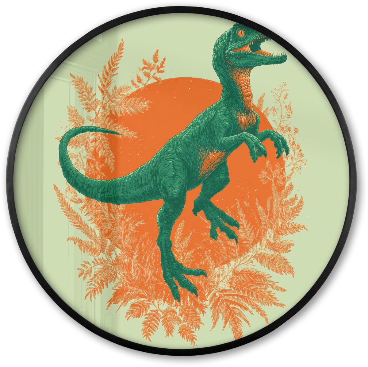 FrameYourWall Poster in lijst Rond - Fotolijst 60x60 cm - Posters - Dinosaurus - Groen - Planten - Cirkel - Ronde posterlijst zwart - Decoratie - Wanddecoratie woonkamer - Muurdecoratie slaapkamer