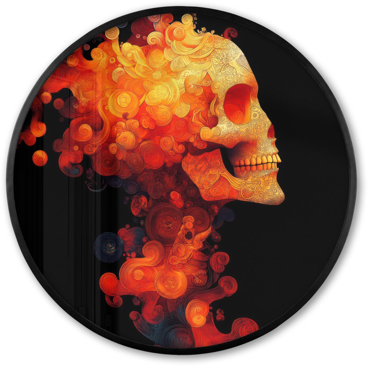 FrameYourWall Poster in lijst Rond - Fotolijst 80x80 cm - Posters - Schedel - Oranje - Zijaanzicht - Vlammen - Ronde posterlijst zwart - Decoratie - Wanddecoratie woonkamer - Muurdecoratie slaapkamer Schedel - Vlammen