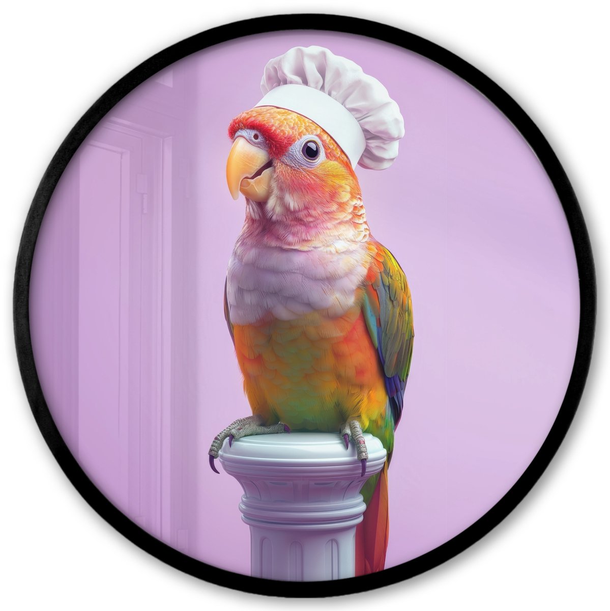 FrameYourWall Poster in lijst Rond - Fotolijst 40x40 cm - Posters - Papegaai - Koksmuts - Pilaar - Vogel - Ronde posterlijst zwart - Decoratie - Wanddecoratie woonkamer - Muurdecoratie slaapkamer Koksmuts - Parkiet