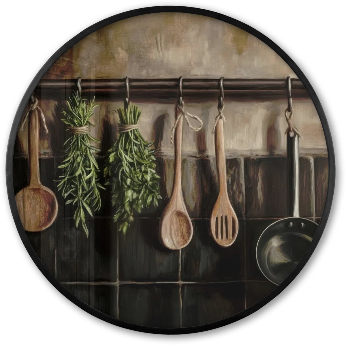 FrameYourWall Poster in lijst Rond - Fotolijst 80x80 cm - Posters - Keukengerei - Rustiek - Tegels - Kruiden - Ronde posterlijst zwart - Decoratie - Wanddecoratie woonkamer - Muurdecoratie slaapkamer Keukengerei - Stilleven