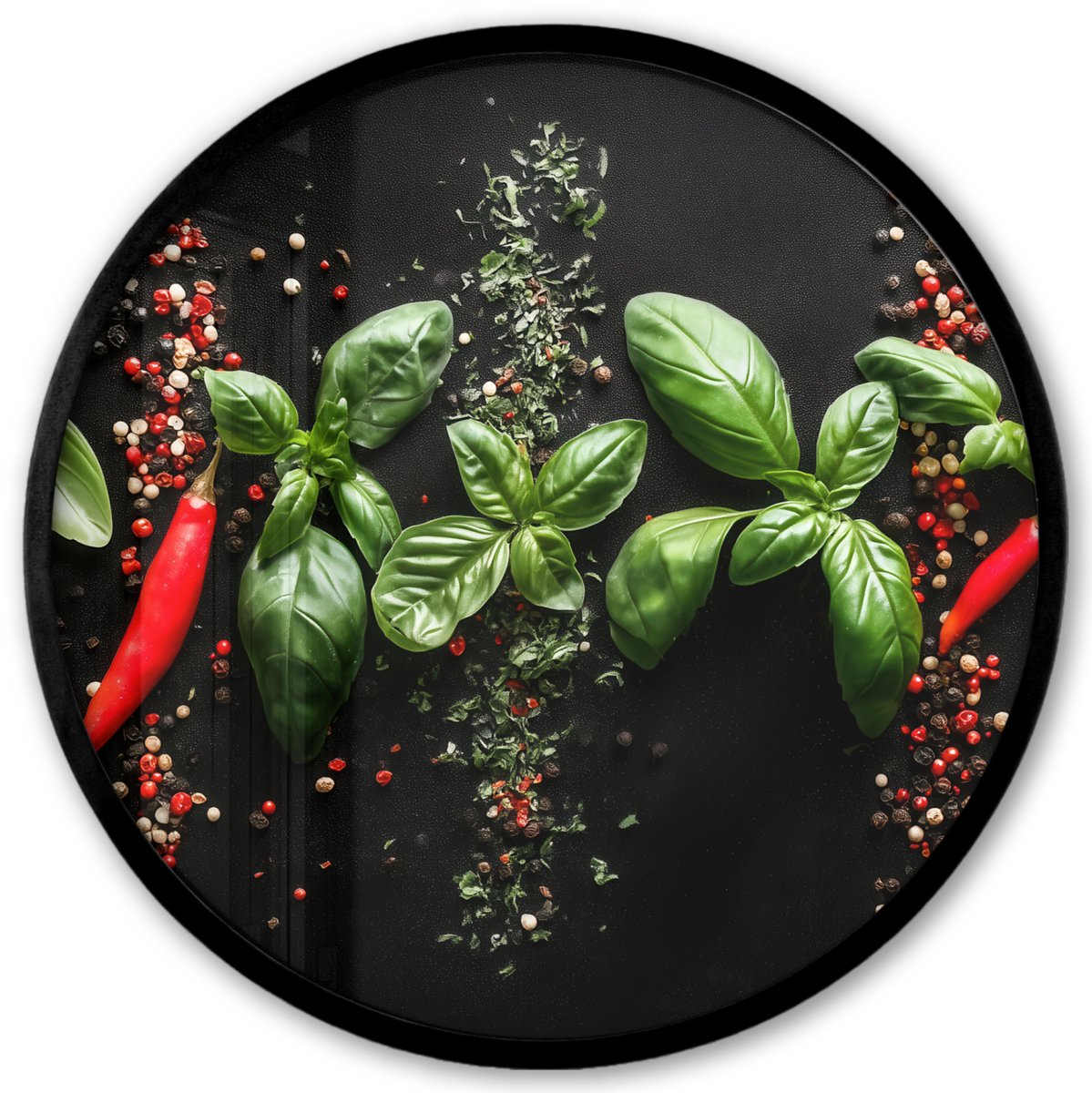 FrameYourWall Poster in lijst Rond - Fotolijst 40x40 cm - Posters - Chilipepers - Basilicum - Blaadjes - Rood - Ronde posterlijst zwart - Decoratie - Wanddecoratie woonkamer - Muurdecoratie slaapkamer Chilipepers - Blaadjes