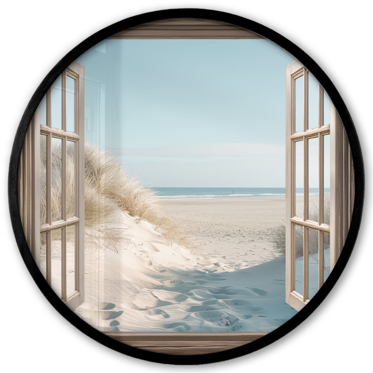 FrameYourWall Poster in lijst Rond - Fotolijst 40x40 cm - Posters - Doorkijk - Helmgras - Duinen - Zee - Landschap - Ronde posterlijst zwart - Decoratie - Wanddecoratie woonkamer - Muurdecoratie slaapkamer Strand - Duin