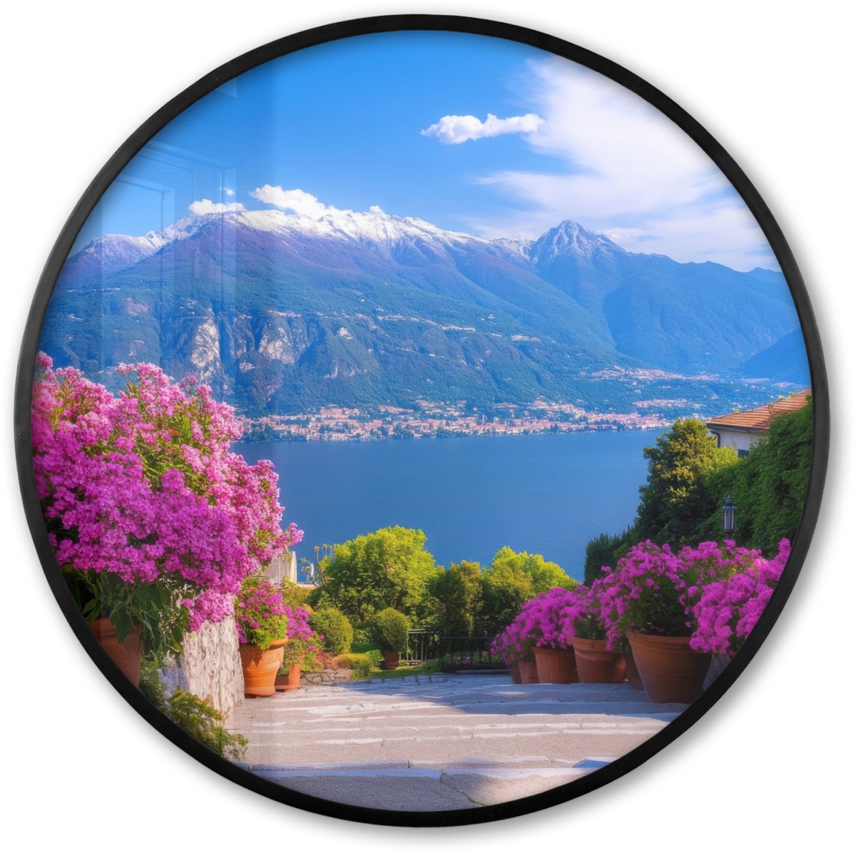 FrameYourWall Poster in lijst Rond - Fotolijst 60x60 cm - Posters - Lake Como - Italië - Landschap - Ronde posterlijst zwart - Decoratie - Wanddecoratie woonkamer - Muurdecoratie slaapkamer Landschap - Uitzicht