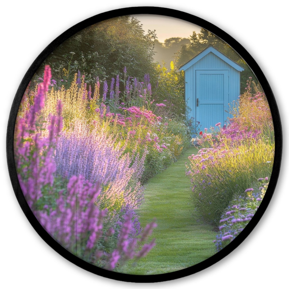 FrameYourWall Poster in lijst Rond - Fotolijst 40x40 cm - Posters - Tuinhuisje - Blauw - Bloemen - Ronde posterlijst zwart - Decoratie - Wanddecoratie woonkamer - Muurdecoratie slaapkamer Lavendel - Tuin