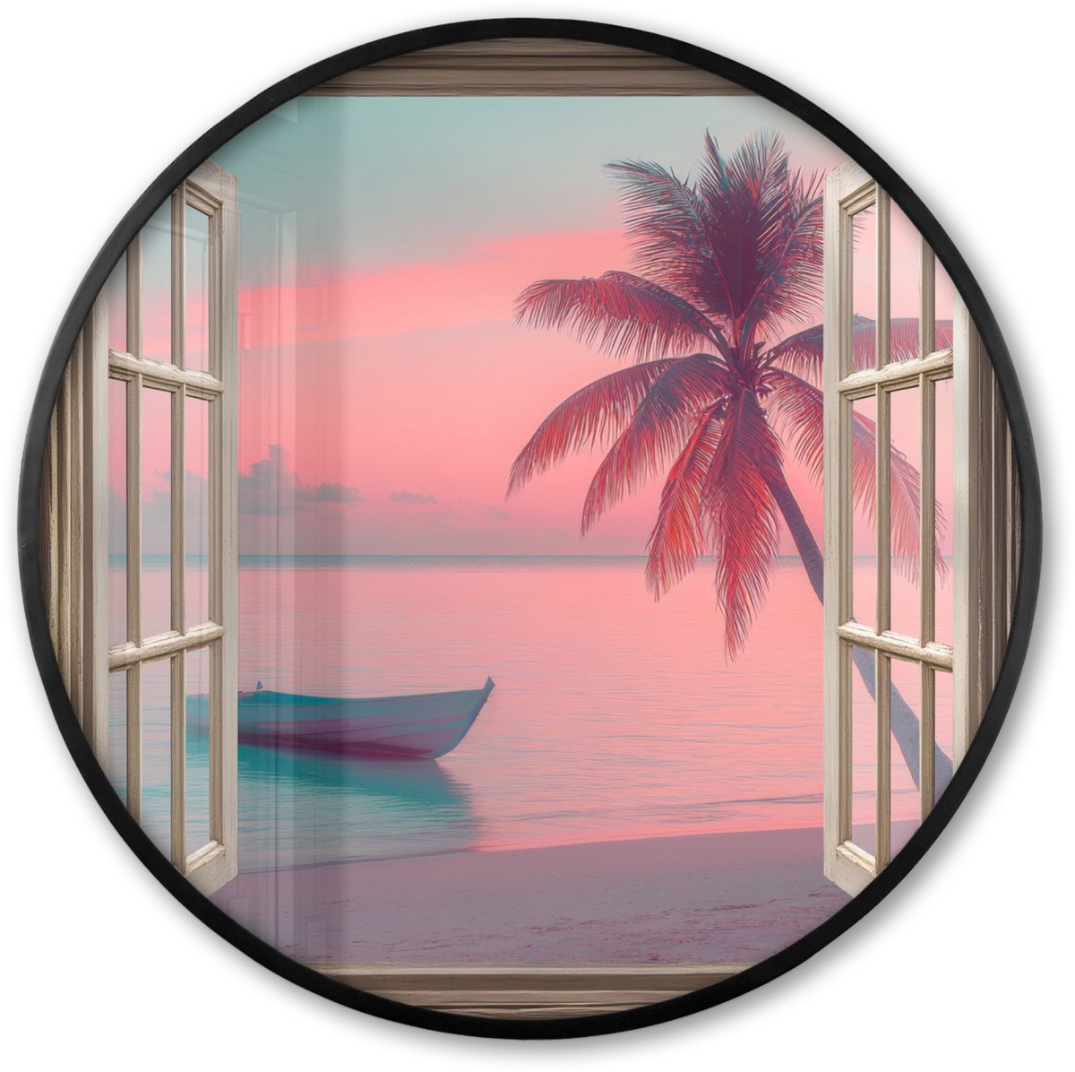 FrameYourWall Poster in lijst Rond - Fotolijst 60x60 cm - Posters - Doorkijk - Strand - Palmboom - Tropisch - Ronde posterlijst zwart - Decoratie - Wanddecoratie woonkamer - Muurdecoratie slaapkamer