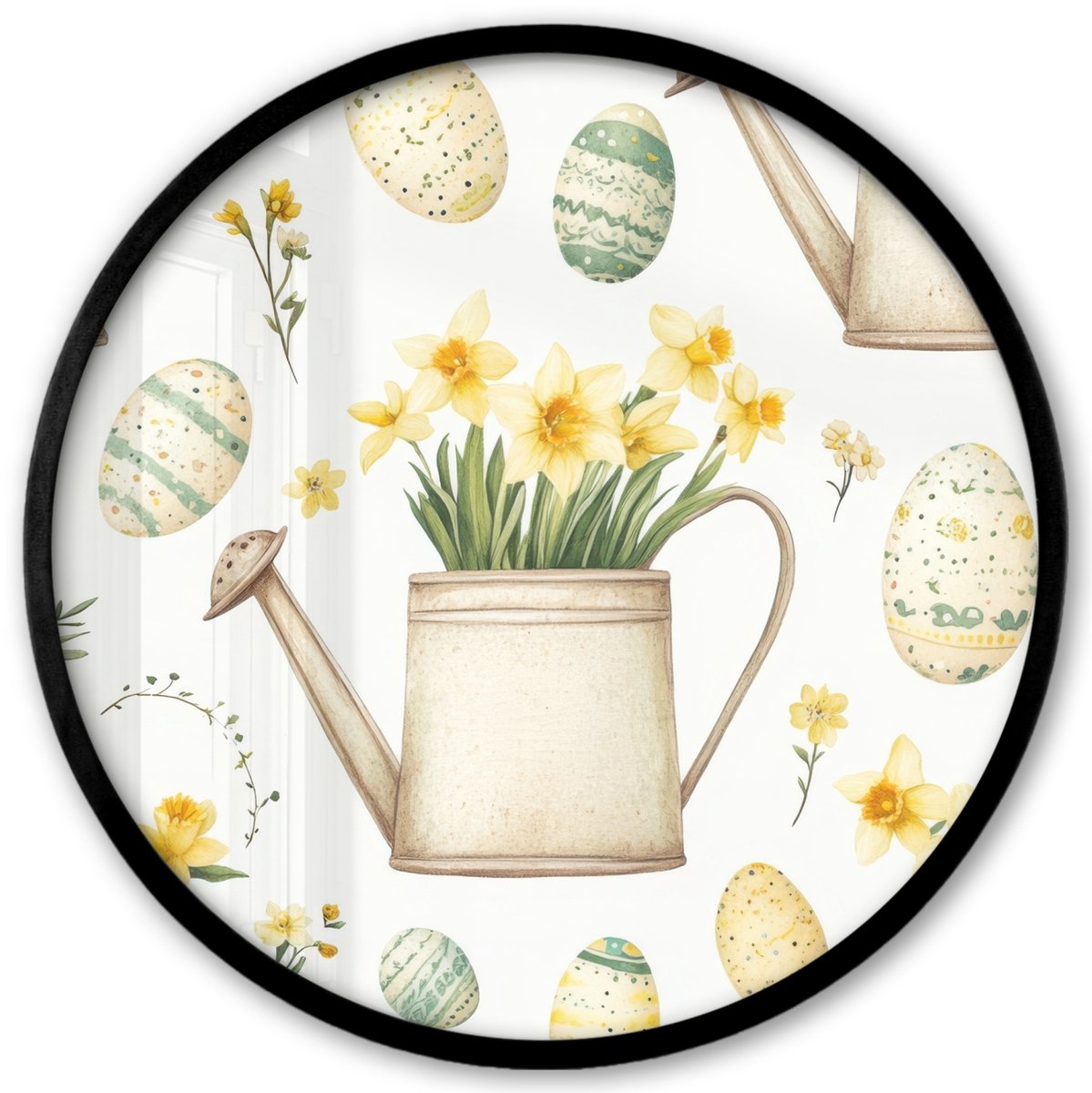 FrameYourWall Poster in lijst Rond - Fotolijst 40x40 cm - Posters - Gieter - Bloemen - Eieren - Ronde posterlijst zwart - Decoratie - Wanddecoratie woonkamer - Muurdecoratie slaapkamer Lente - Narcis